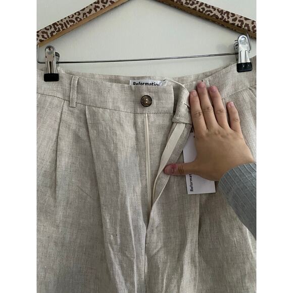 REFORMATION NWT Mason 100% Linen Oatmeal Tan Pants Size 8 - Picture 7 of 12